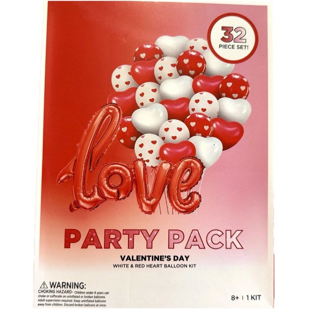 LOVE Party Pack Heart Kit Aluminum, Latex Balloons & Red/White Ribbons New